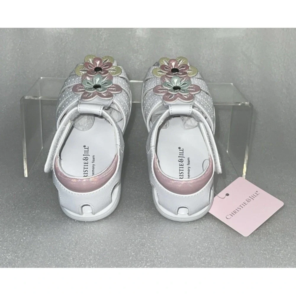 Christie & Jill Sandals Lil Mila White & Pink Flowers Little Girls‎ Size 7M New